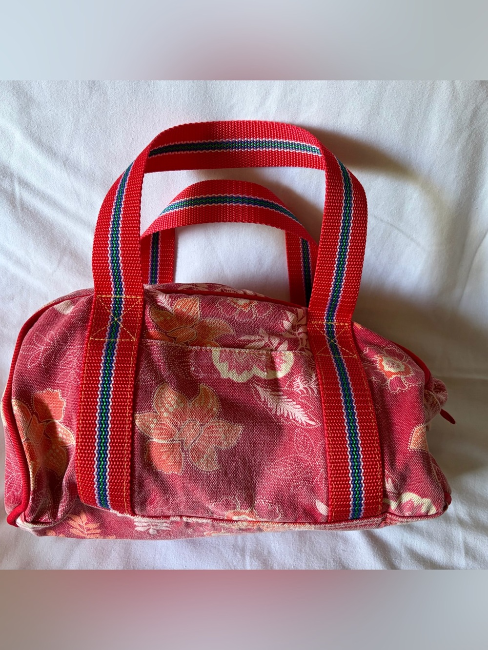 Free People Red Floral Canvas Tote with Striped Handles